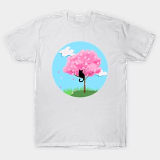 Black Cat in A Cherry Blossom Tree T-Shirt